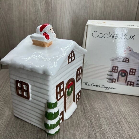 The Cooks Bazaar Vtg Ceramic Cookie Box Santa House Christmas Collectible White - Picture 2 of 12